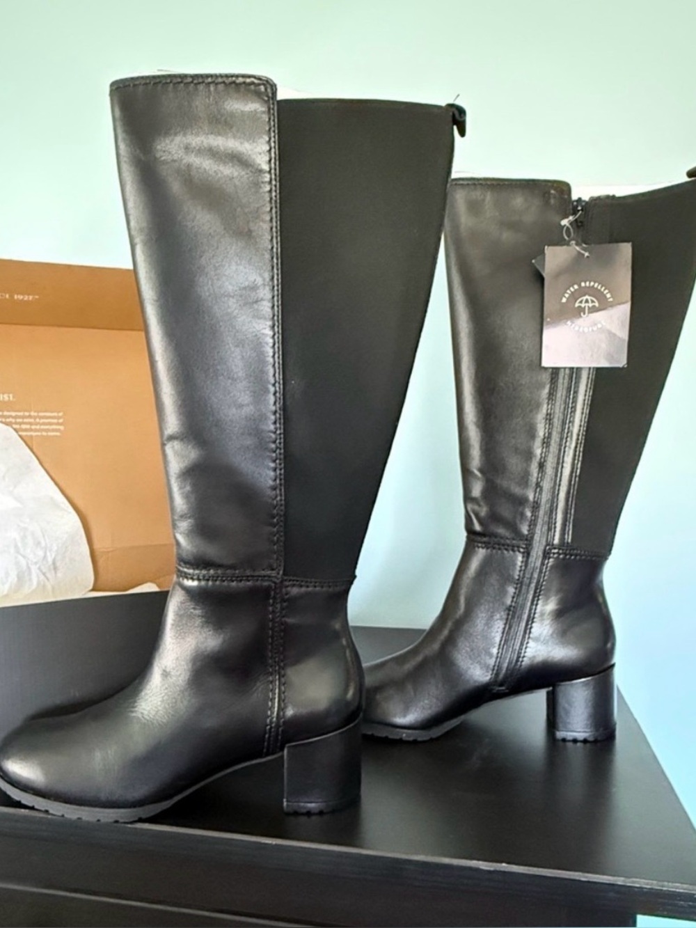Classic Black Leather Knee-High Block Heel Boots